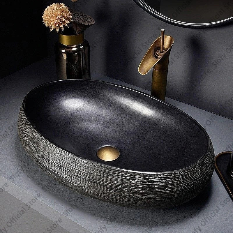 Retro Art Ceramic Countertop Basin – Black Single Bowl Luxury Sink