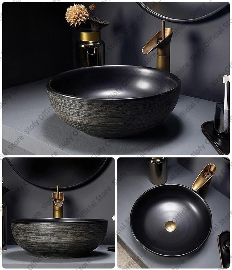 Retro Art Ceramic Countertop Basin – Black Single Bowl Luxury Sink