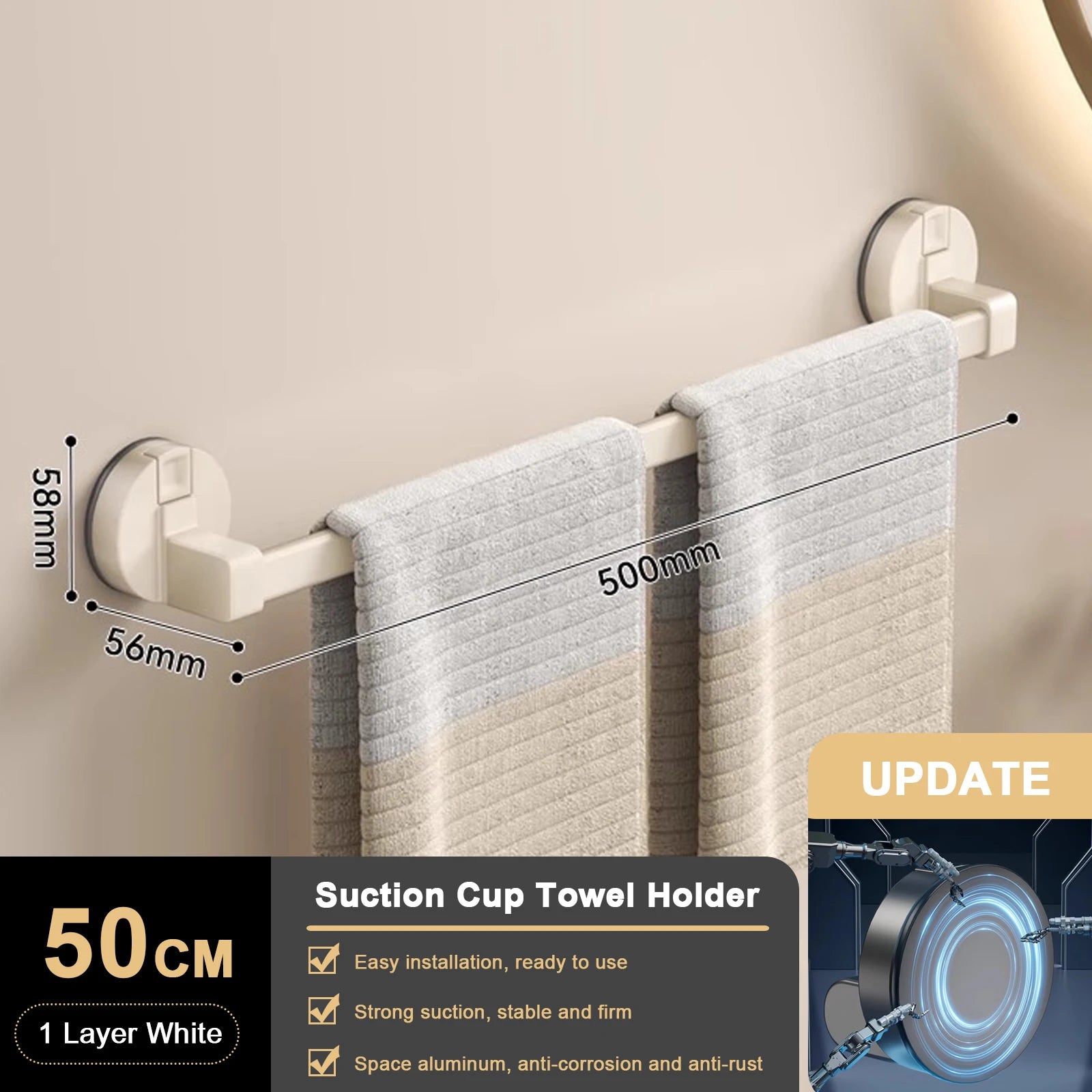 Suction Cup Double Towel Bar (No-Drill Wall Mount)