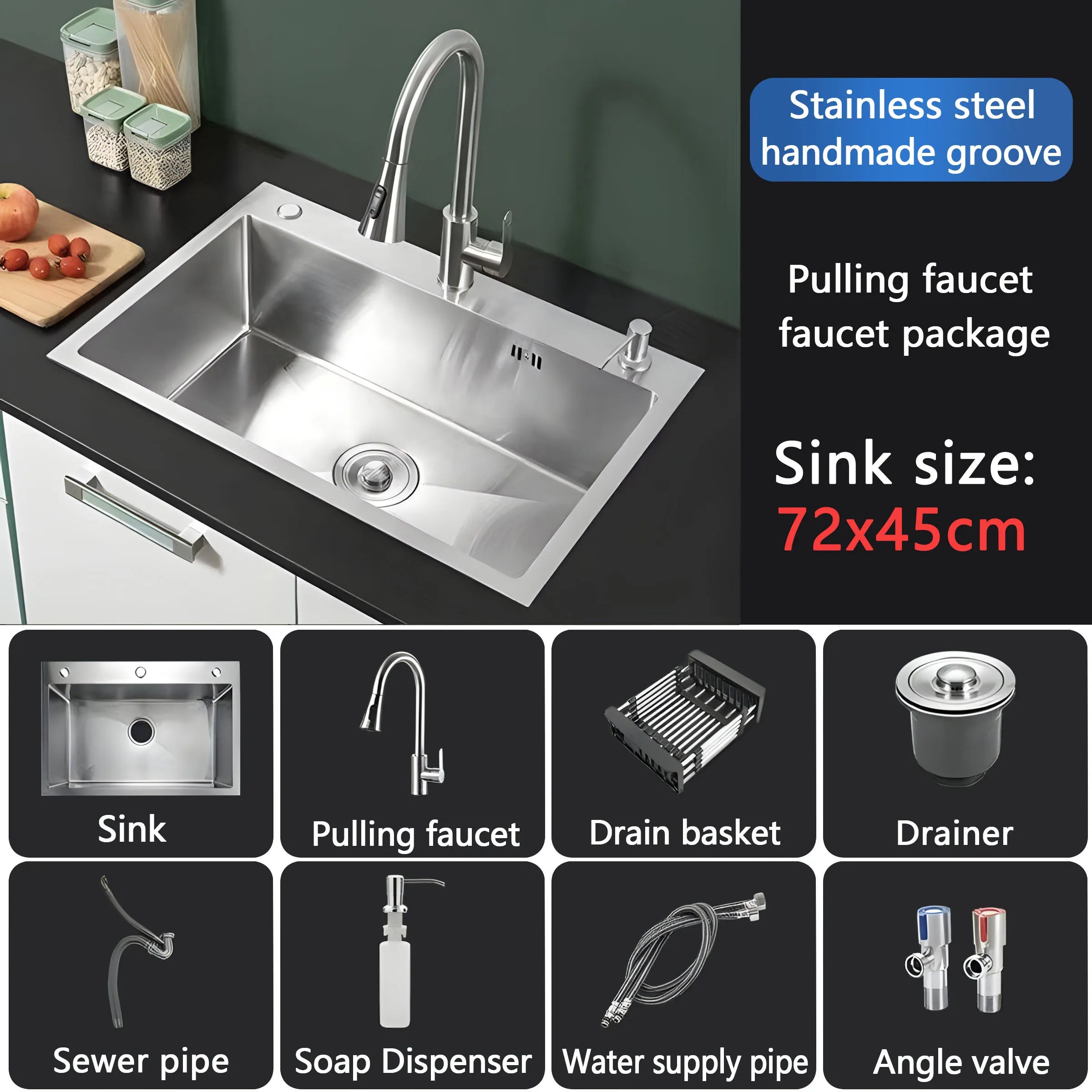 Stainless Steel Farmhouse Kitchen Sink – Single Bowl with Faucet & Drain