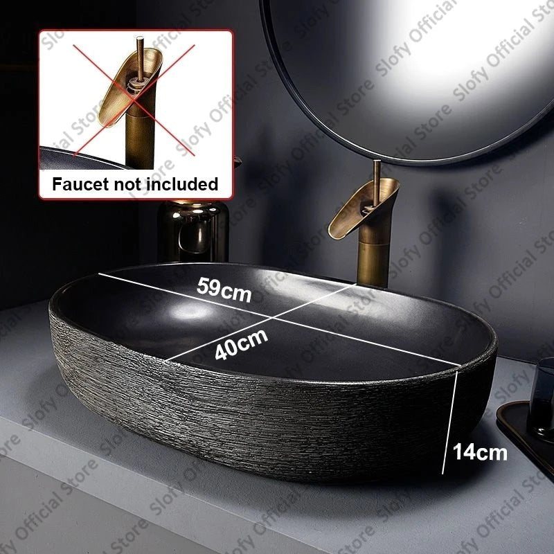 Retro Art Ceramic Countertop Basin – Black Single Bowl Luxury Sink