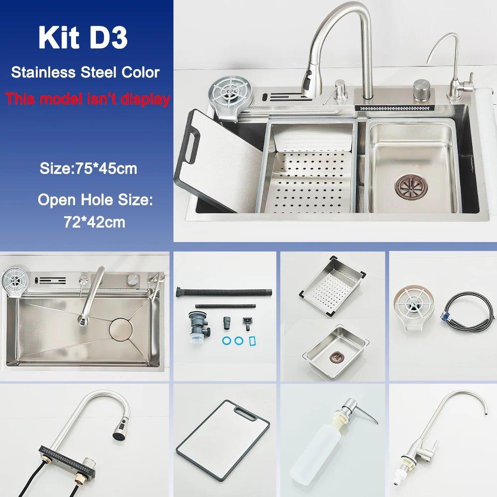 Stainless Steel Kitchen Sink with Faucet – Digital Display & 5-Function Waterfall System