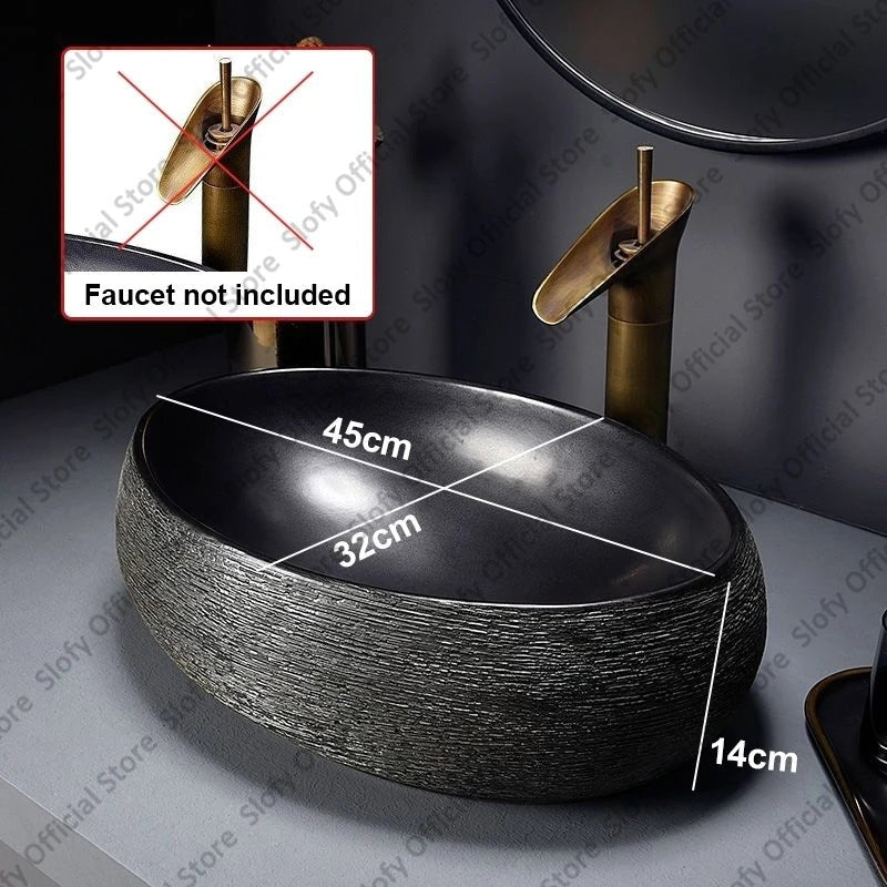 Retro Art Ceramic Countertop Basin – Black Single Bowl Luxury Sink