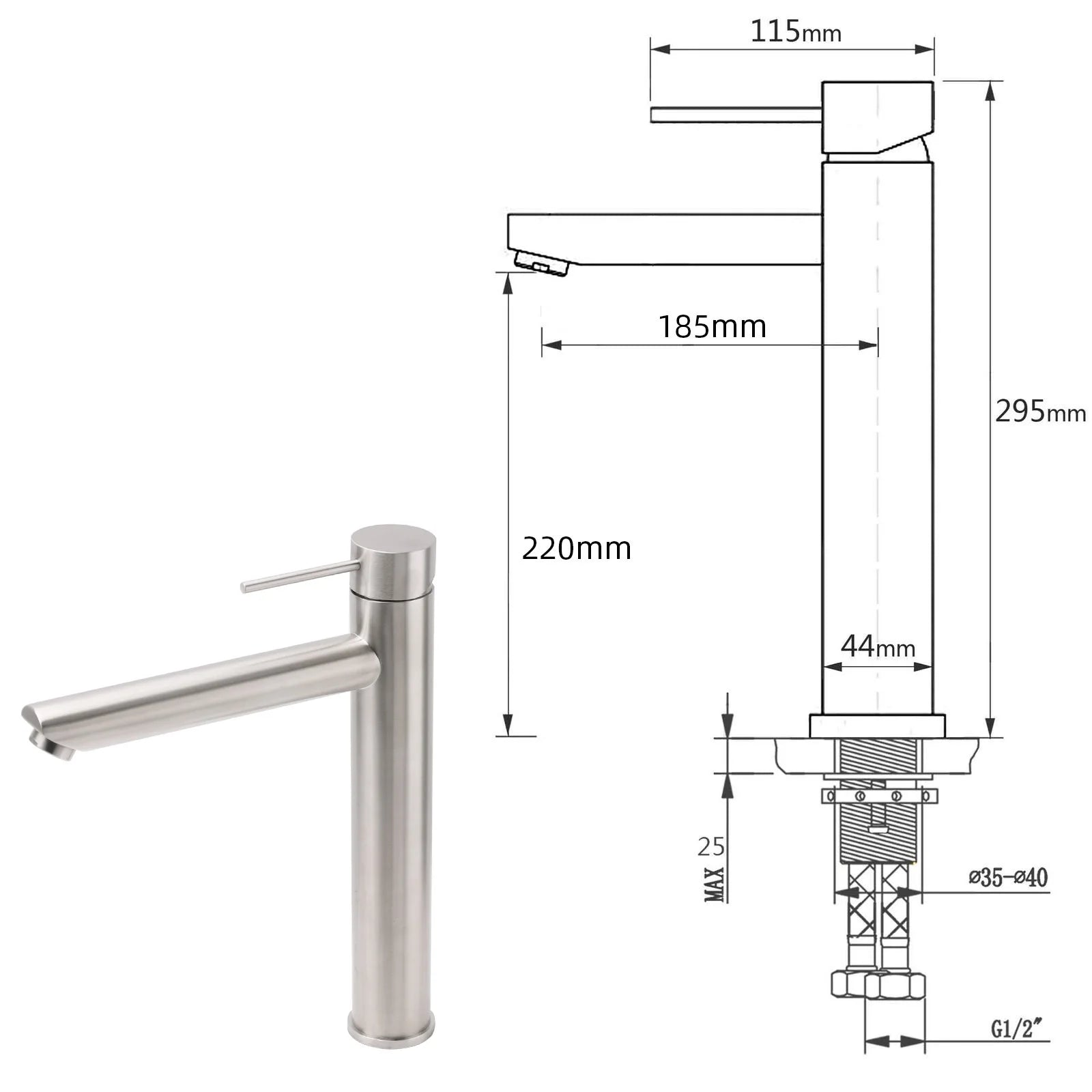 Brushed Nickel Tall Basin Mixer Tap – Vessel Sink Faucet