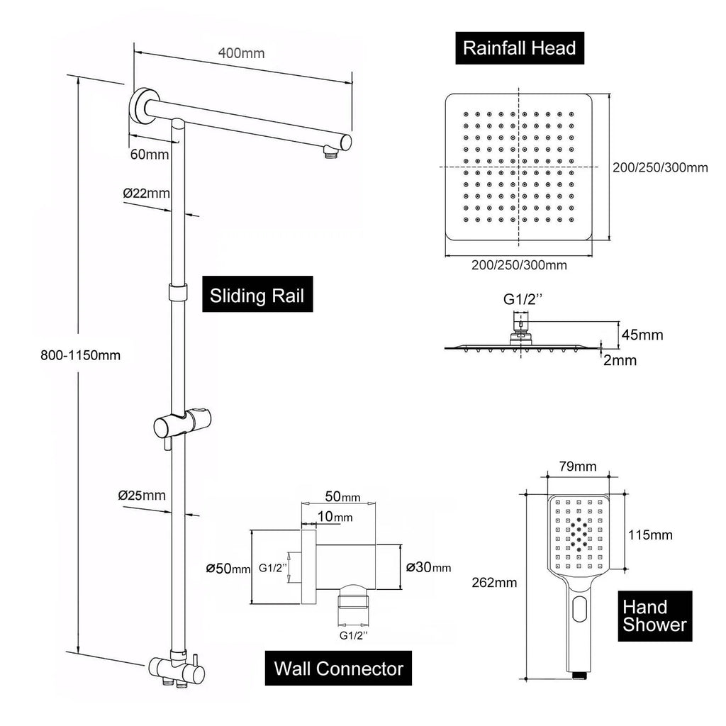 Brushed Gold Square Rain Shower Set with Sliding Rail