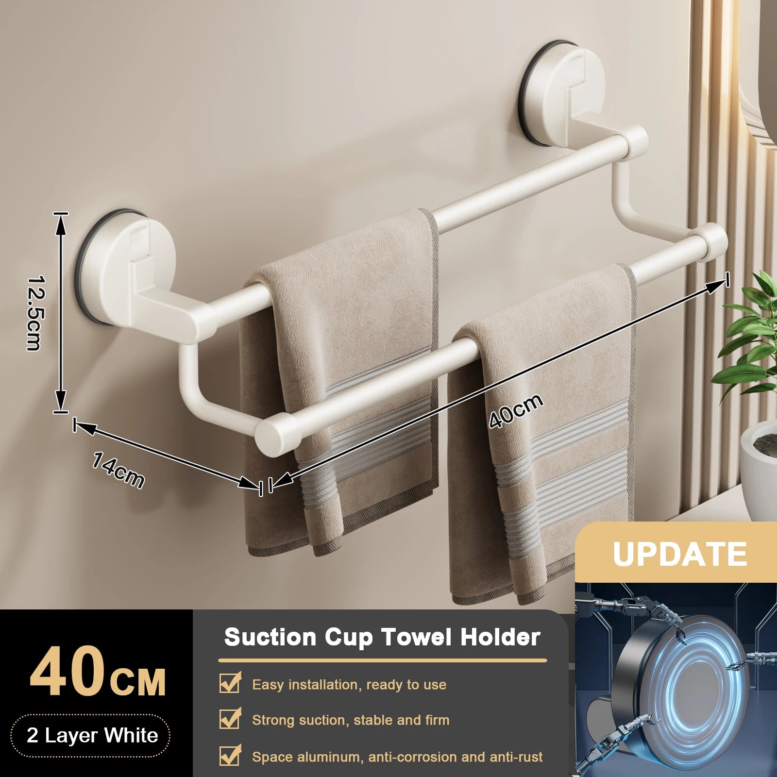 Suction Cup Double Towel Bar (No-Drill Wall Mount)