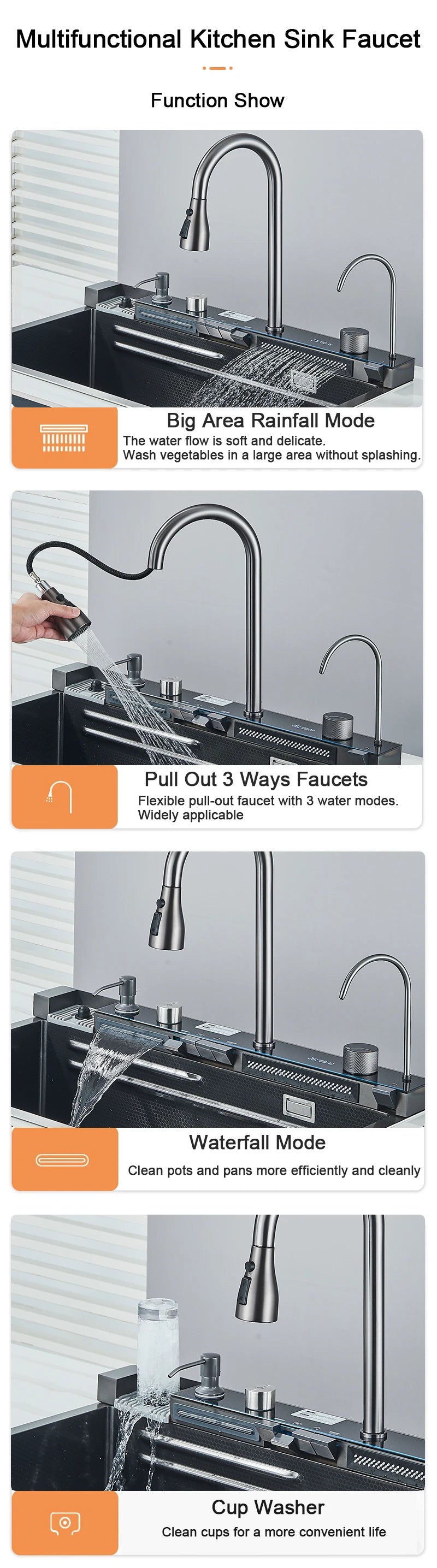 Stainless Steel Kitchen Sink with Faucet – Digital Display & 5-Function Waterfall System