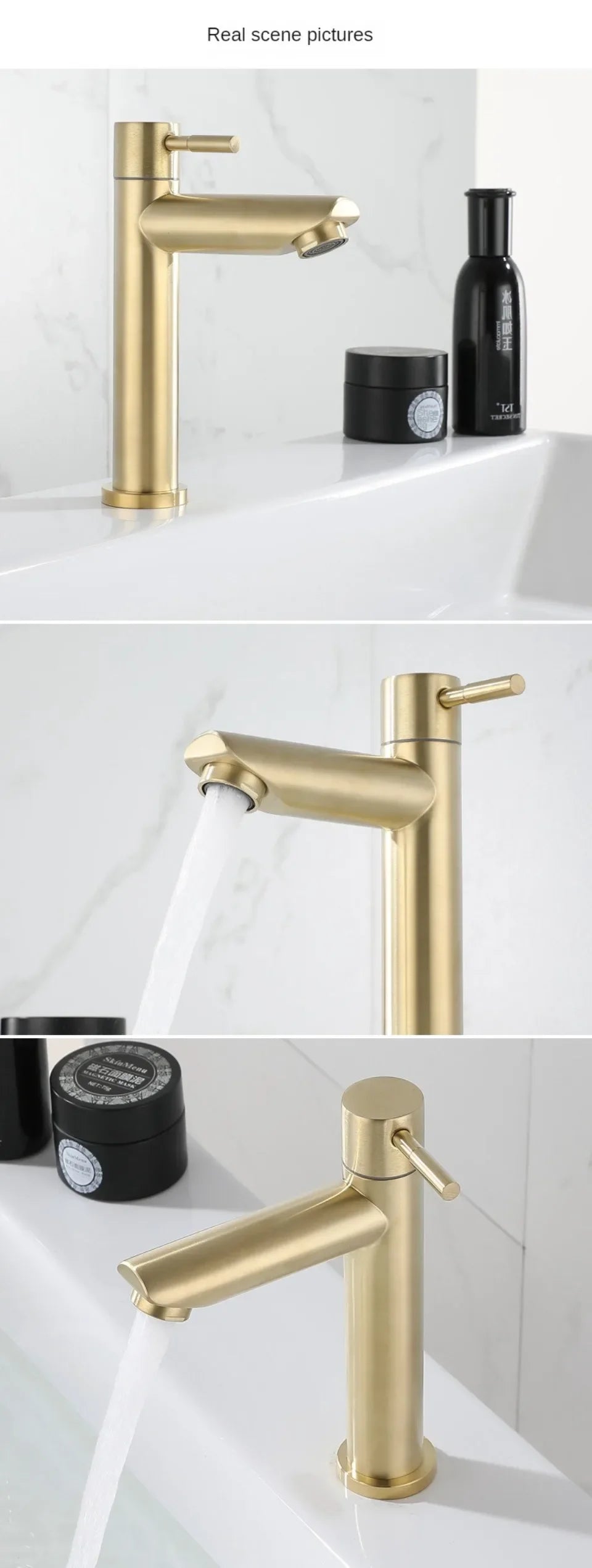Brushed Gold Waterfall Basin Faucet – Single Cold Water Stainless Steel Tap