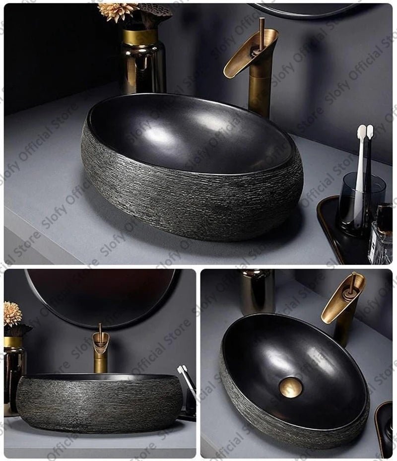 Retro Art Ceramic Countertop Basin – Black Single Bowl Luxury Sink