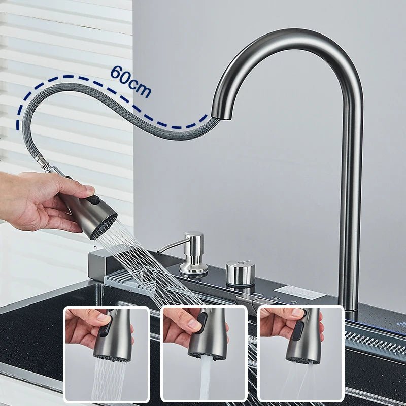 Stainless Steel Kitchen Sink with Faucet – Digital Display & 5-Function Waterfall System