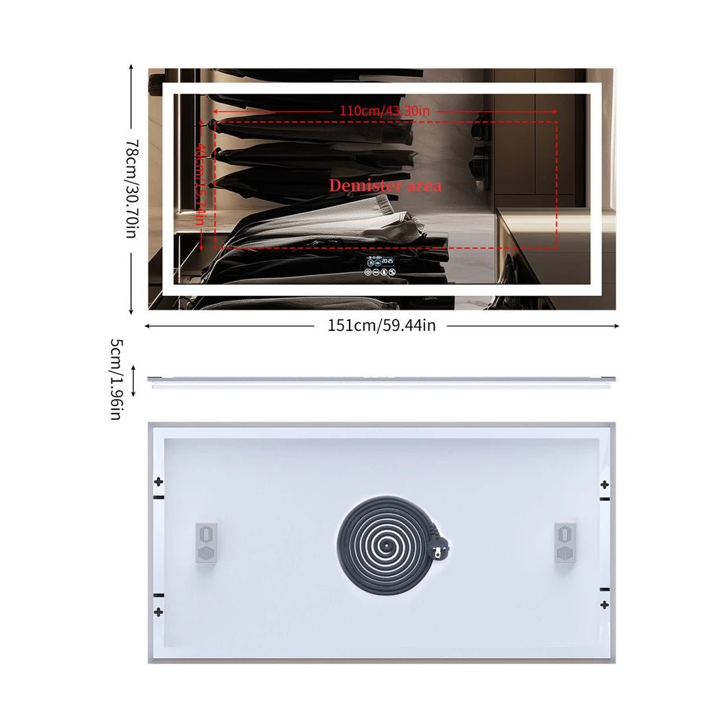 XXL Smart LED Bathroom Mirror – Bluetooth, Digital Display, Anti-Fog, Front & Back Lit