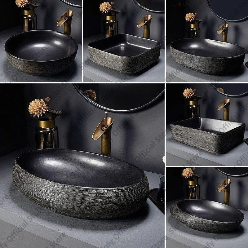 Retro Art Ceramic Countertop Basin – Black Single Bowl Luxury Sink
