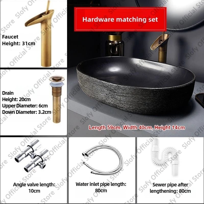 Retro Art Ceramic Countertop Basin – Black Single Bowl Luxury Sink