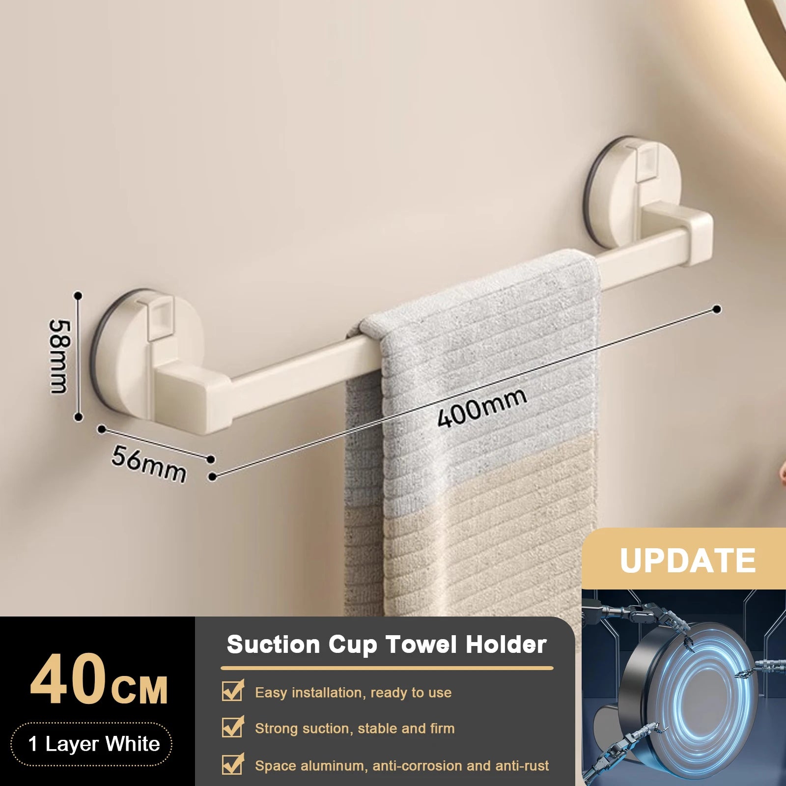 Suction Cup Double Towel Bar (No-Drill Wall Mount)