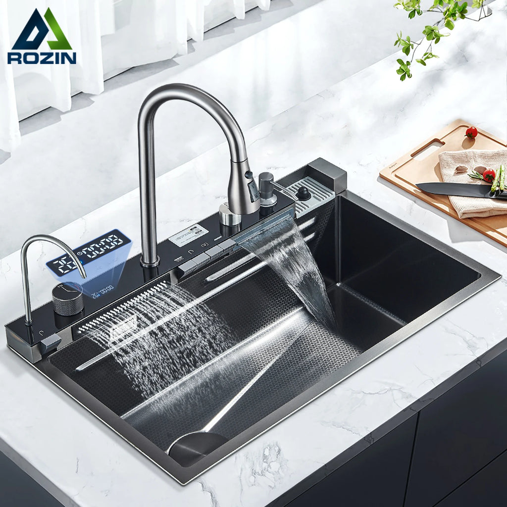 Stainless Steel Kitchen Sink with Faucet – Digital Display & 5-Function Waterfall System