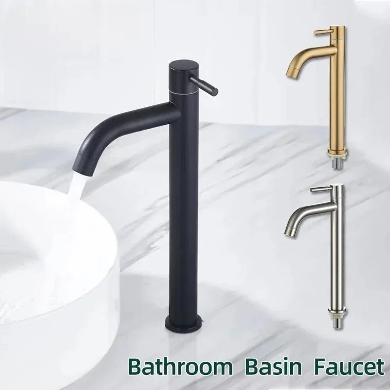 Black & Gold Stainless Steel Basin Faucet – Quick-Open Single Cold Tap