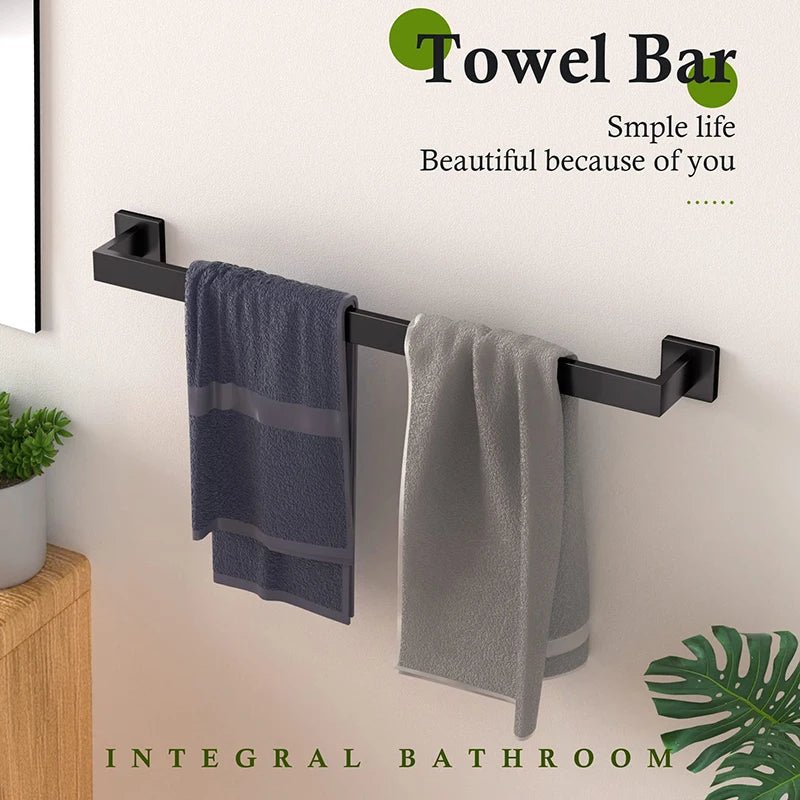 Matte Black Bathroom Accessories Set – Wall Shelf, Towel Rail, Hooks & Toilet Roll Holder