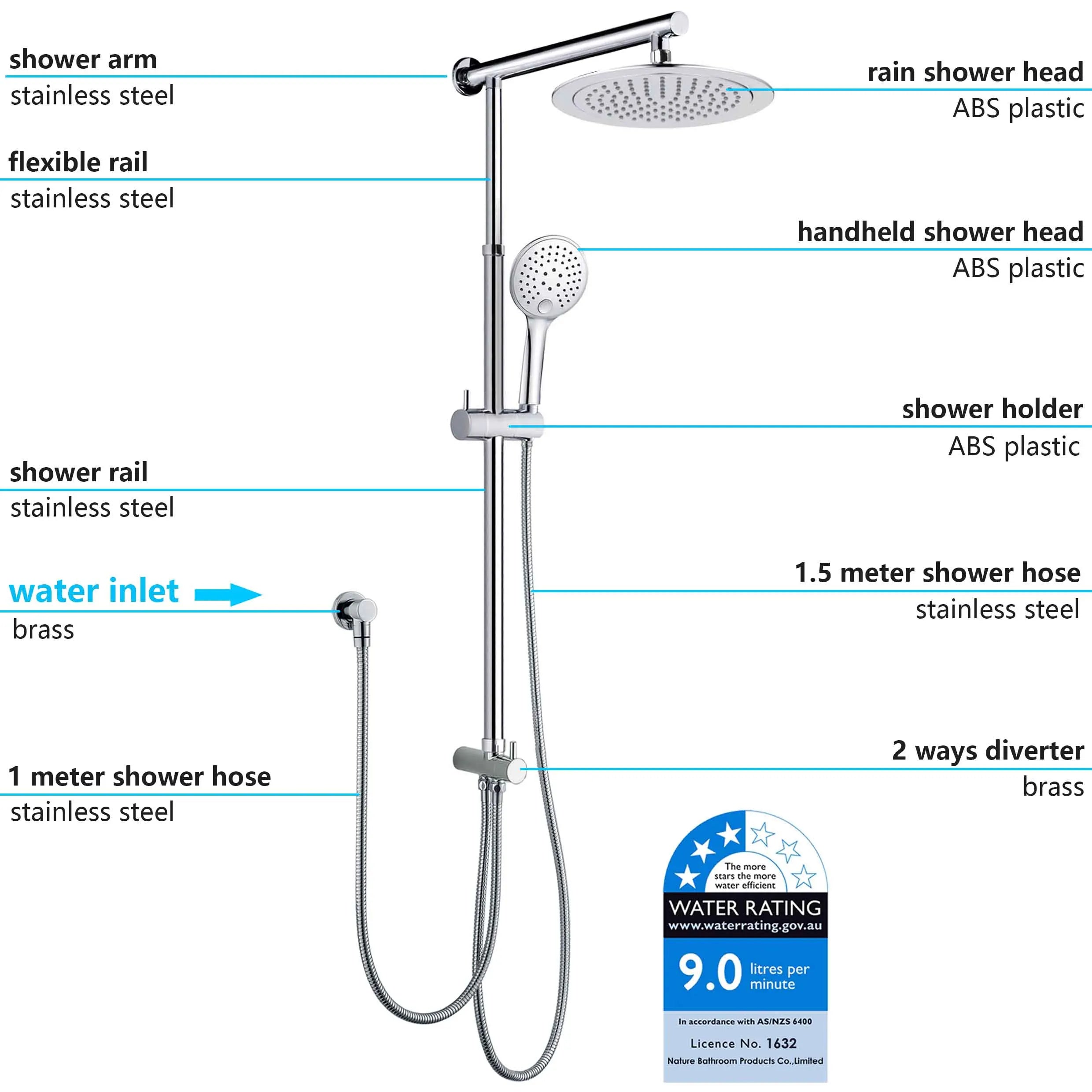 Chrome 9" Rain Shower with Adjustable Sliding Rail