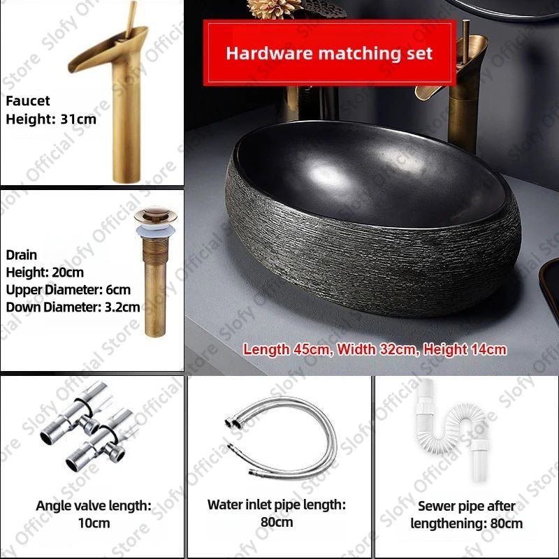 Retro Art Ceramic Countertop Basin – Black Single Bowl Luxury Sink