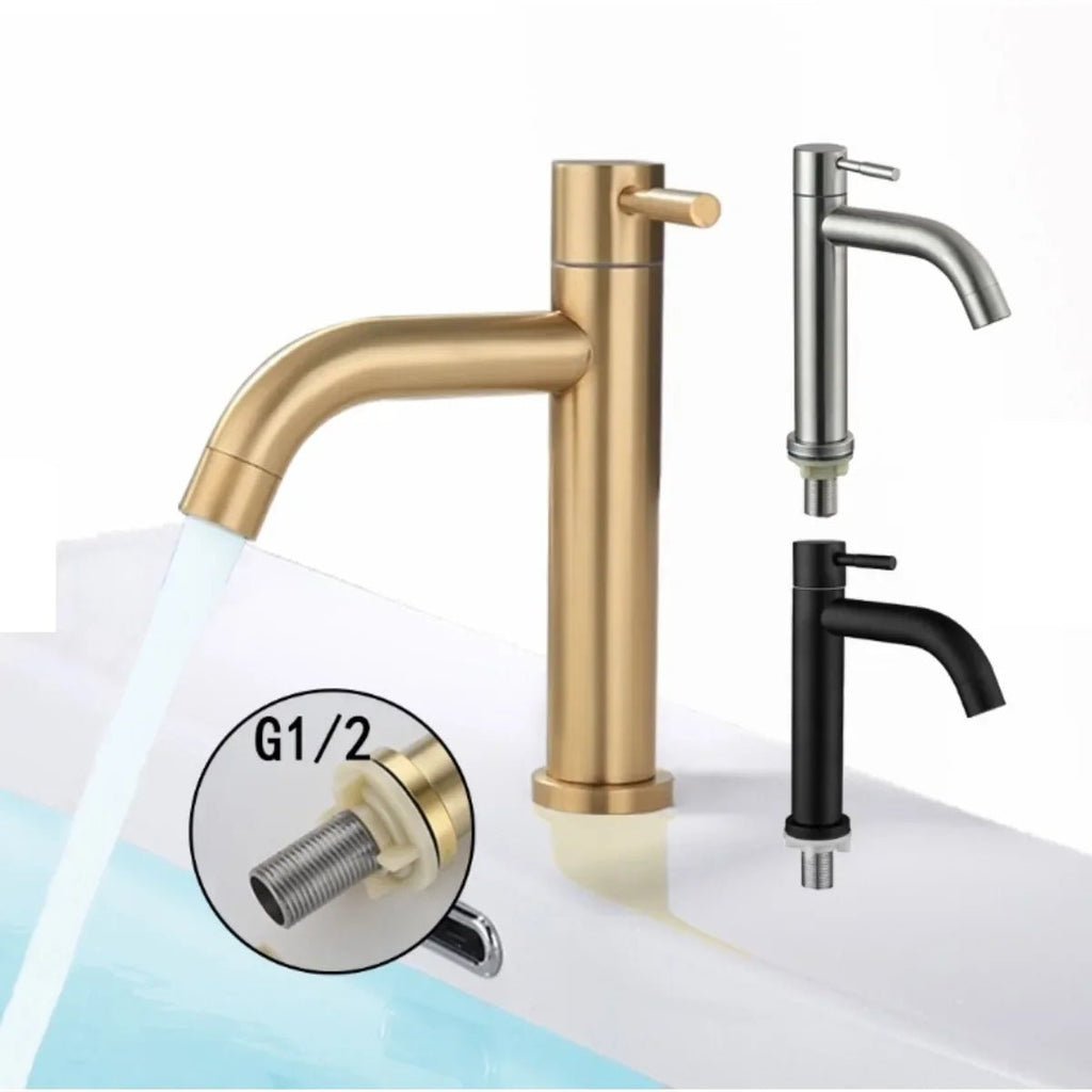 Stainless Steel Basin Faucet – Single Cold Water Tap (Gold/Black/Silver)