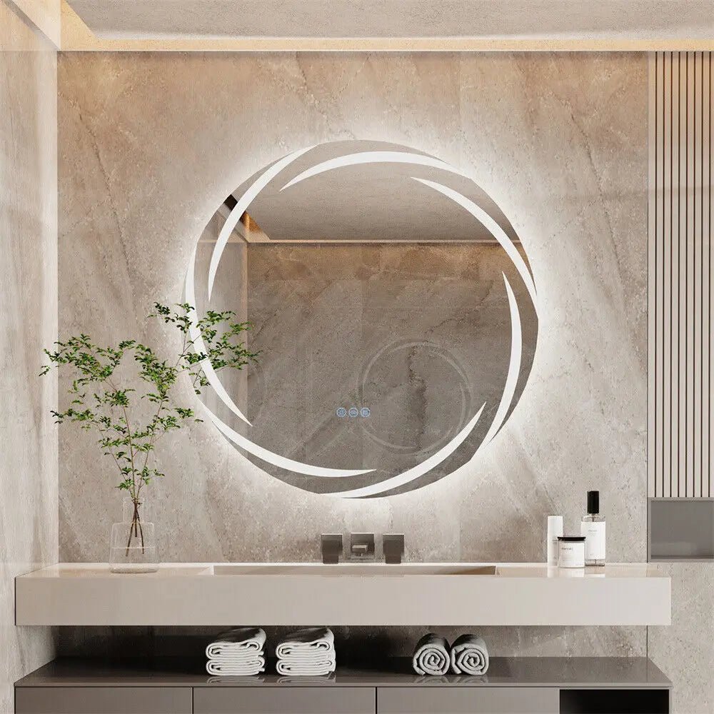 LED Round Bathroom Mirror – Whirlwind Pattern, Dimmable, Anti-Fog (60/80cm)