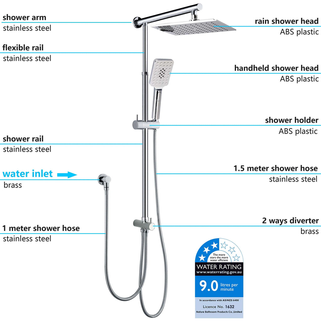 Square Rain Shower Set with 3-Mode Handheld and Sliding Rail