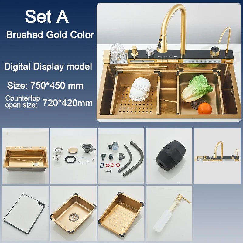 Stainless Steel Kitchen Sink with Faucet – Digital Display & 5-Function Waterfall System