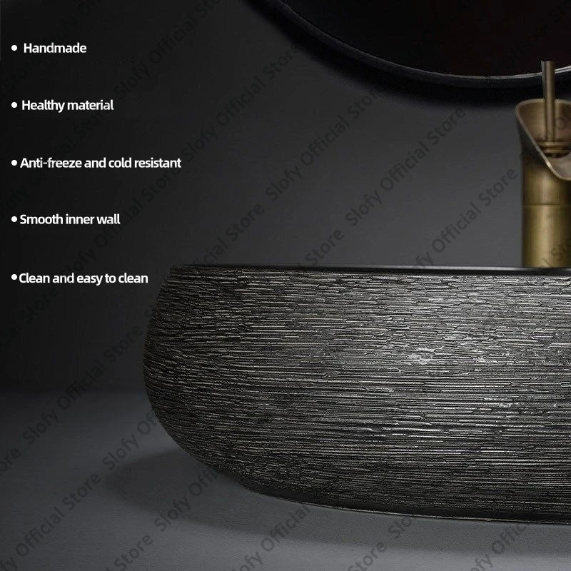 Retro Art Ceramic Countertop Basin – Black Single Bowl Luxury Sink