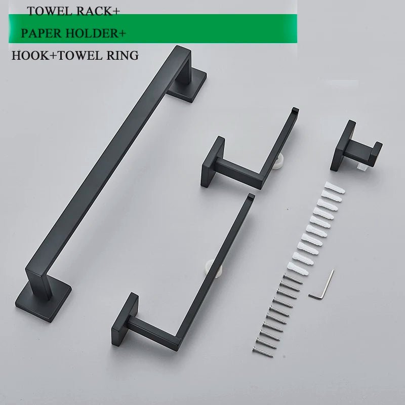 Matte Black Bathroom Accessories Set – Wall Shelf, Towel Rail, Hooks & Toilet Roll Holder