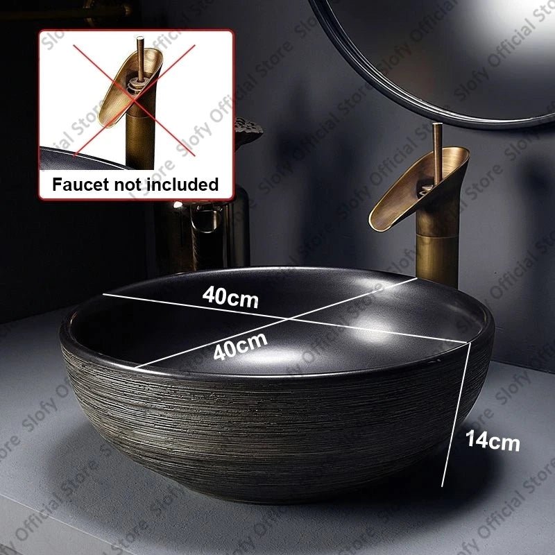 Retro Art Ceramic Countertop Basin – Black Single Bowl Luxury Sink