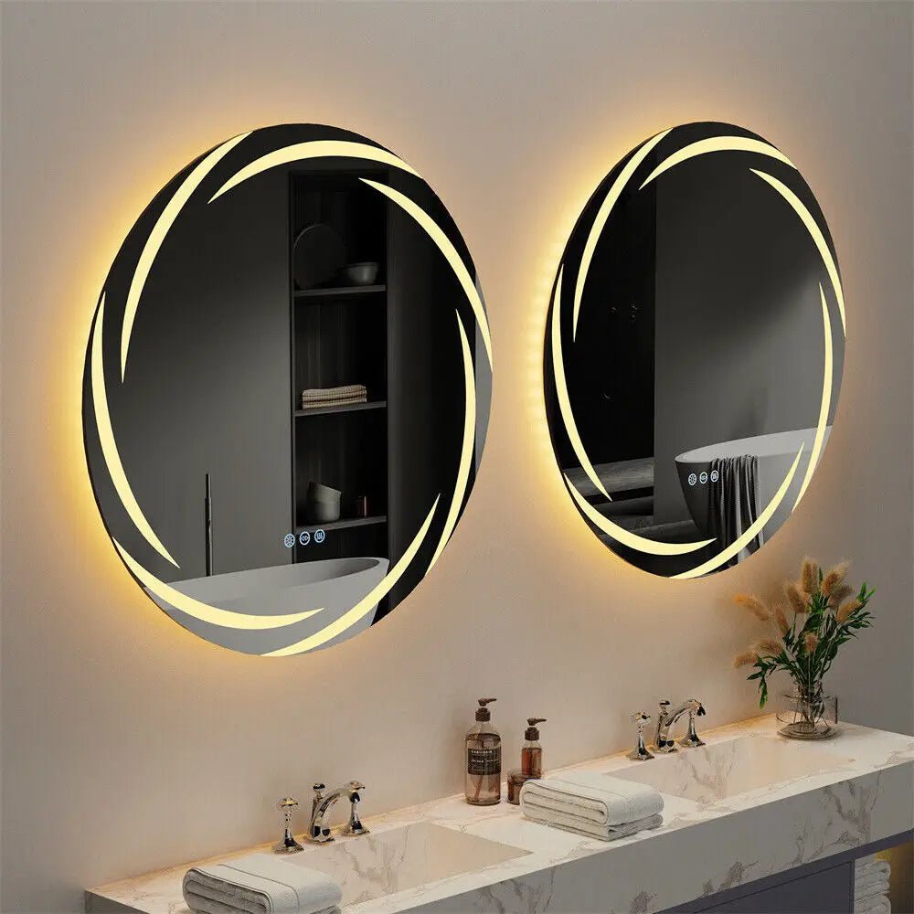 LED Round Bathroom Mirror – Whirlwind Pattern, Dimmable, Anti-Fog (60/80cm)