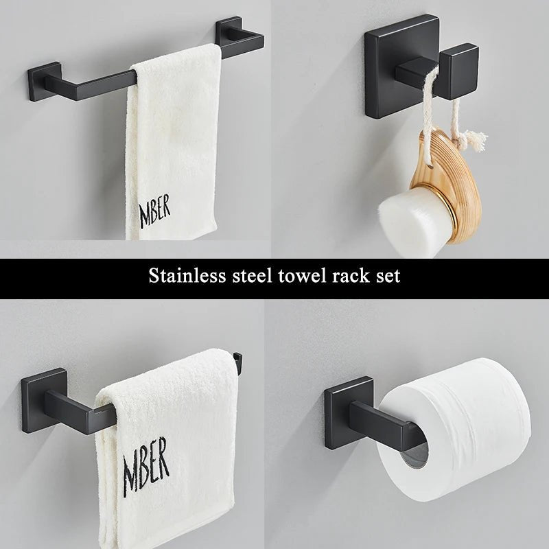 Matte Black Bathroom Accessories Set – Wall Shelf, Towel Rail, Hooks & Toilet Roll Holder