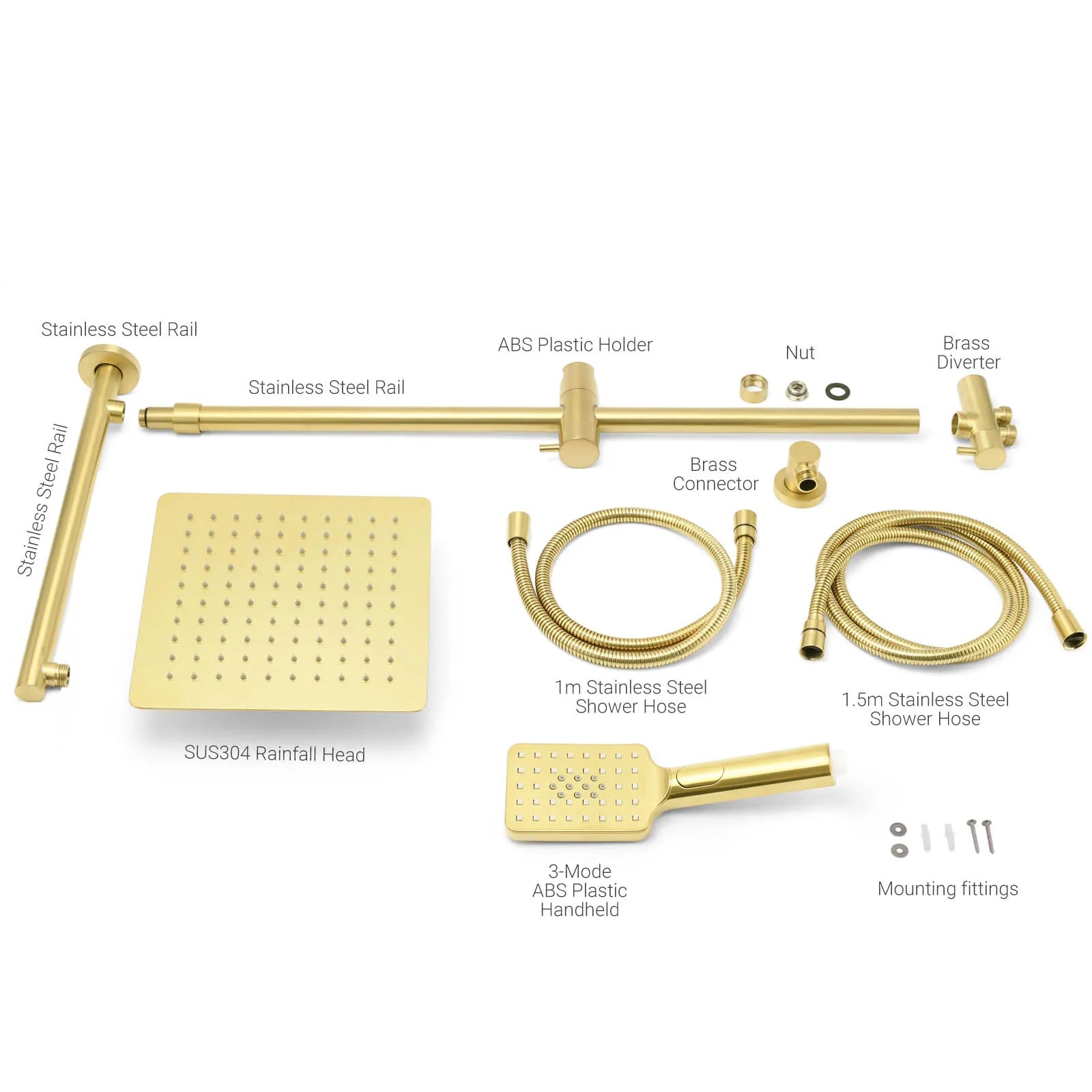 Brushed Gold Square Rain Shower Set with Sliding Rail