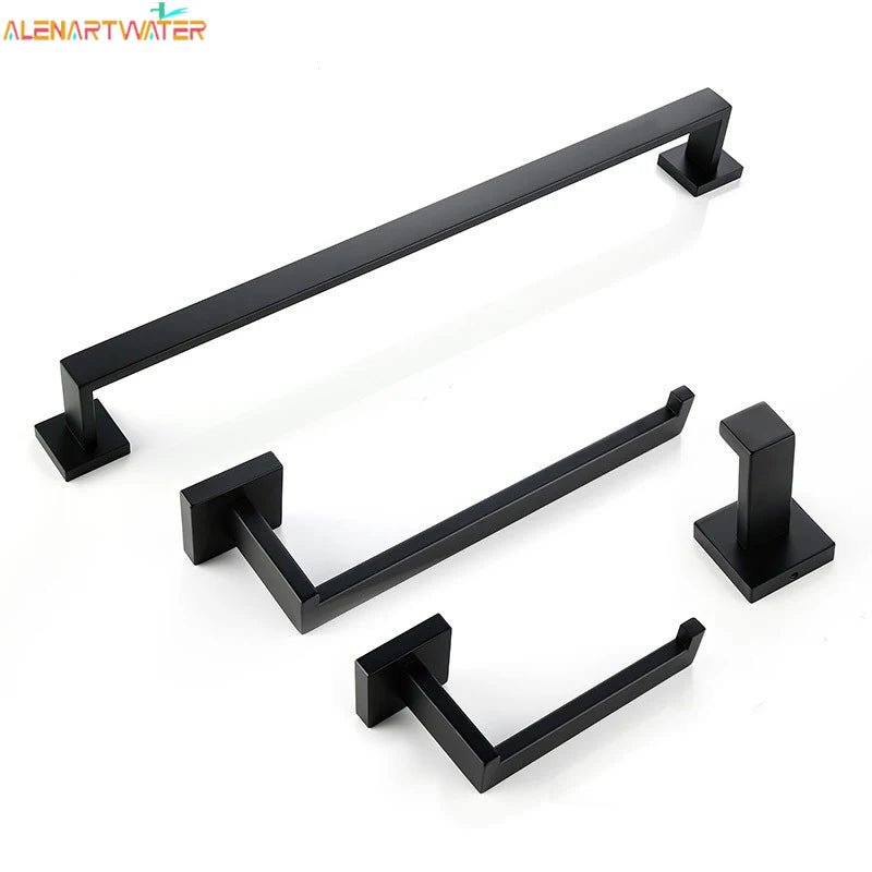 Matte Black Bathroom Accessories Set – Wall Shelf, Towel Rail, Hooks & Toilet Roll Holder