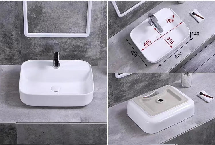 Square White Ceramic Countertop Basin – Multi-Size Vanity Sink