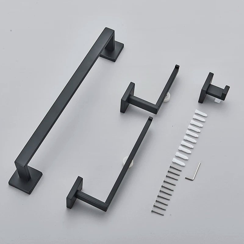 Matte Black Bathroom Accessories Set – Wall Shelf, Towel Rail, Hooks & Toilet Roll Holder