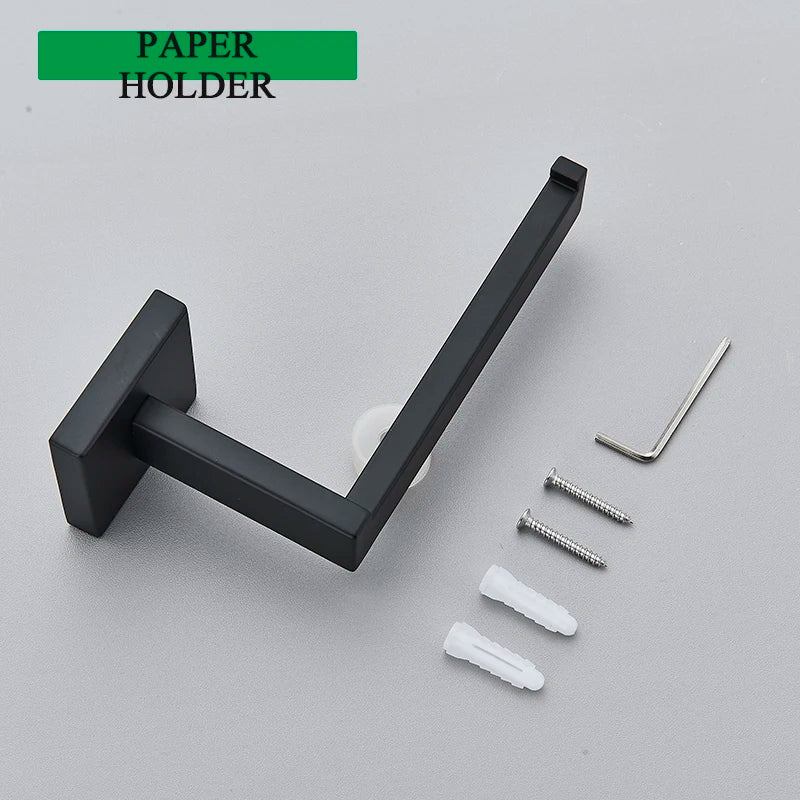 Matte Black Bathroom Accessories Set – Wall Shelf, Towel Rail, Hooks & Toilet Roll Holder