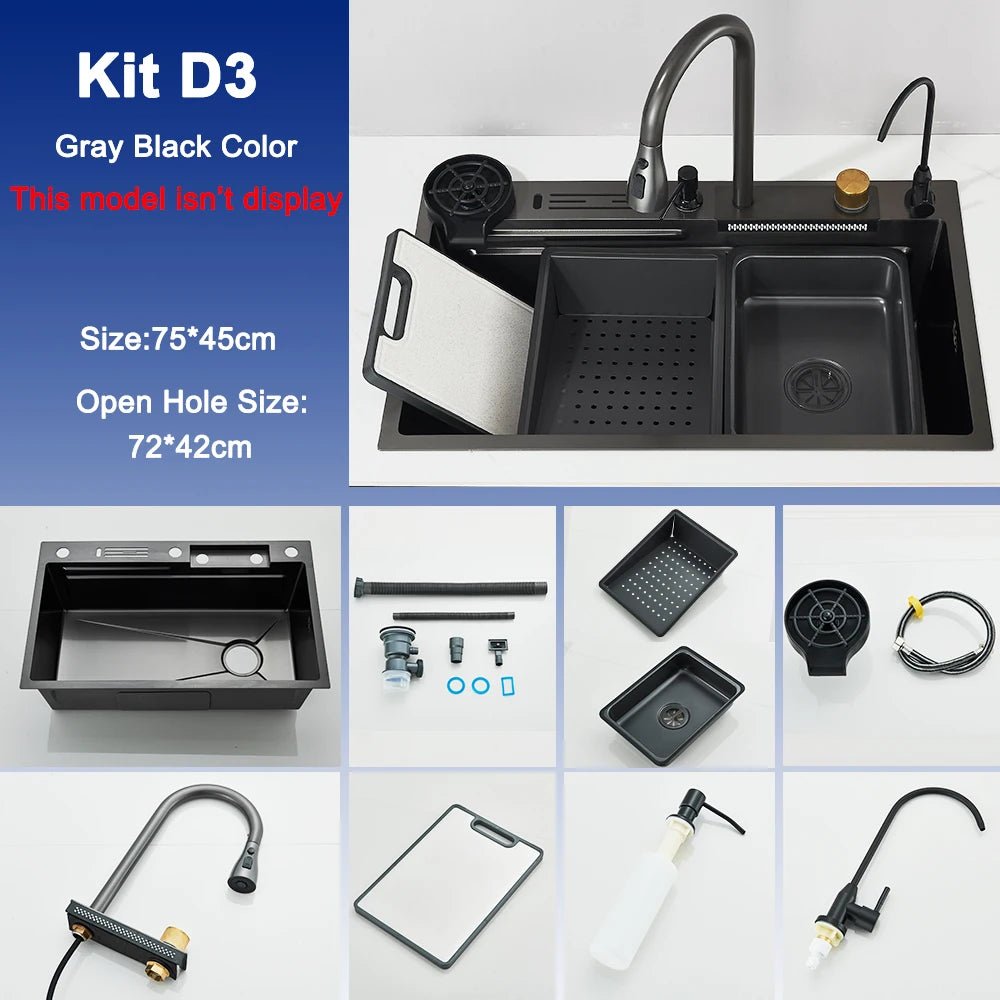 Stainless Steel Kitchen Sink with Faucet – Digital Display & 5-Function Waterfall System