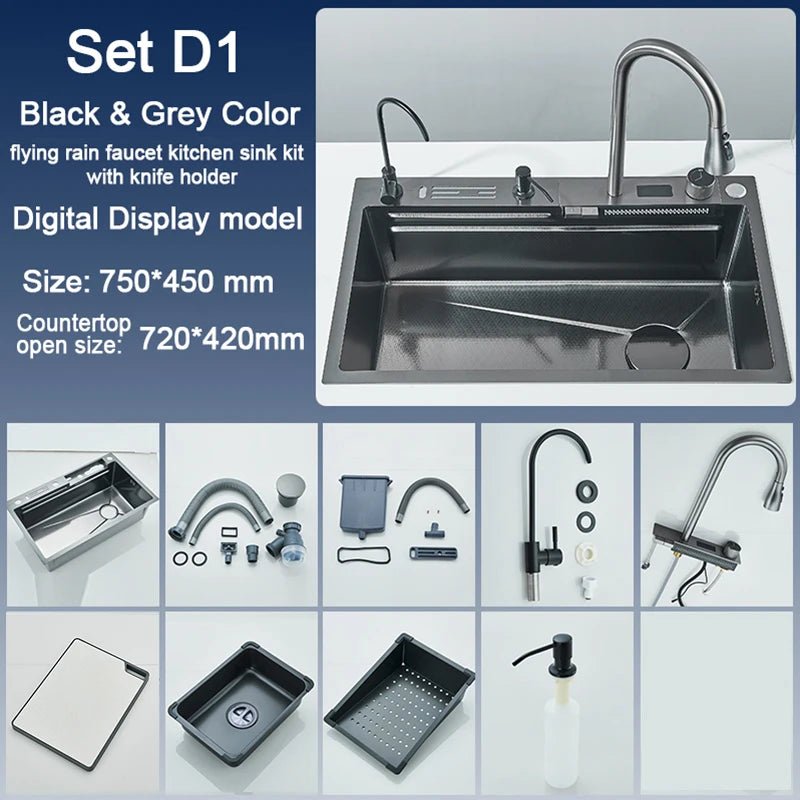 Stainless Steel Kitchen Sink with Faucet – Digital Display & 5-Function Waterfall System
