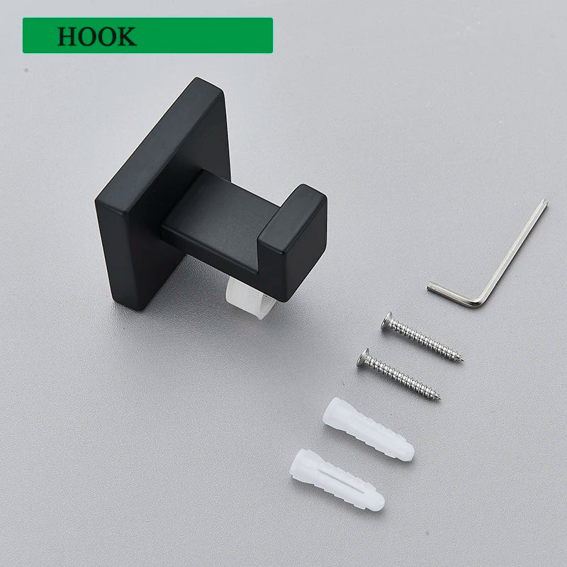 Matte Black Bathroom Accessories Set – Wall Shelf, Towel Rail, Hooks & Toilet Roll Holder