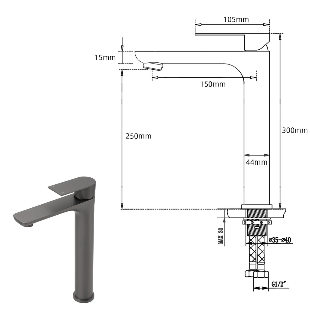 Gunmetal Grey Tall Basin Mixer Tap – Round Bathroom Faucet