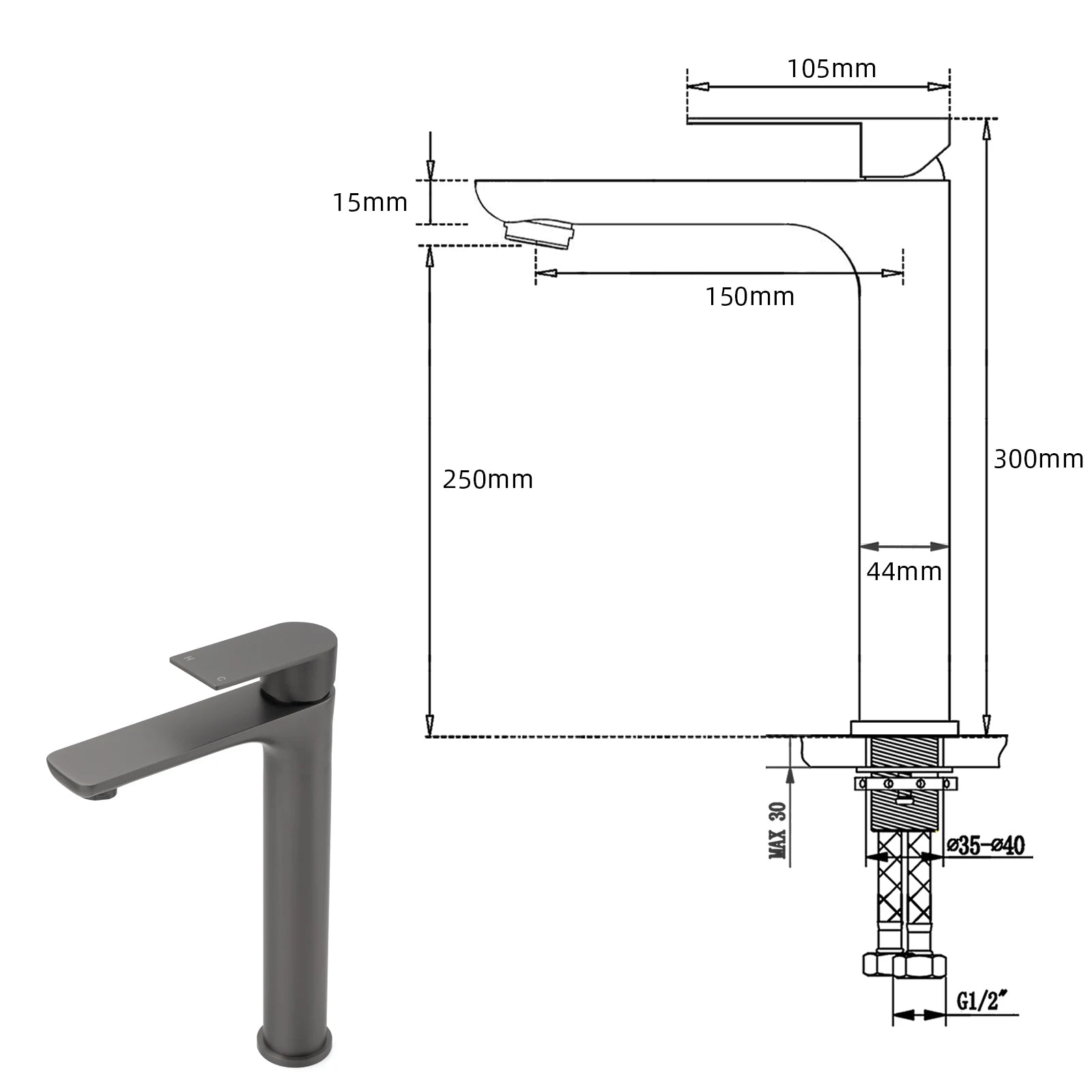 Gunmetal Grey Tall Basin Mixer Tap – Round Bathroom Faucet