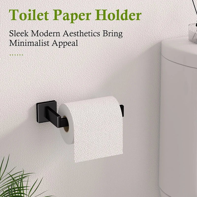 Matte Black Bathroom Accessories Set – Wall Shelf, Towel Rail, Hooks & Toilet Roll Holder