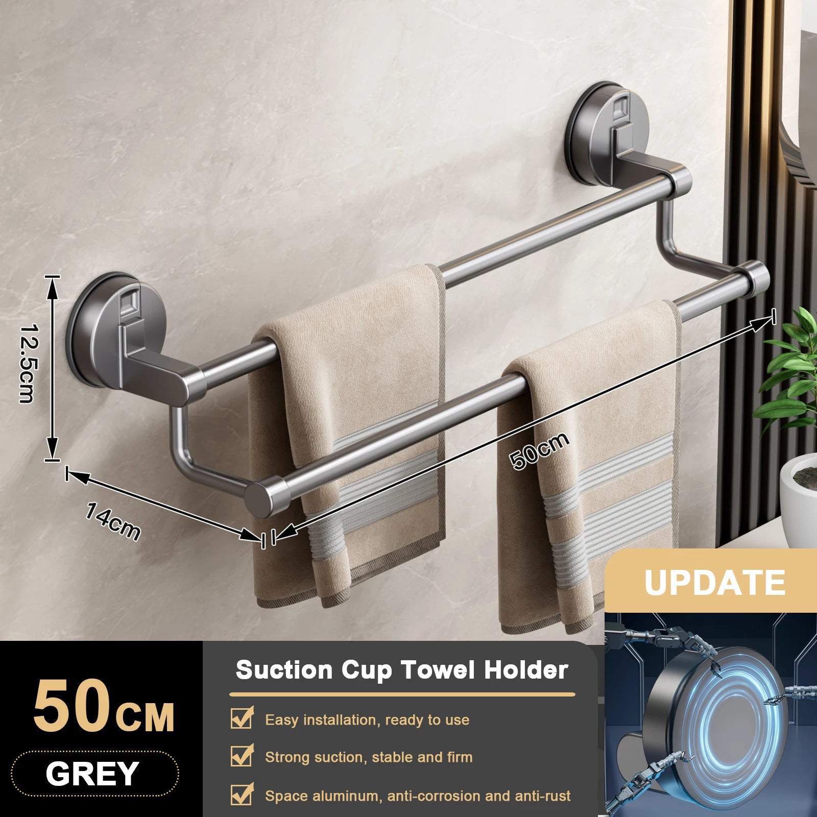 Suction Cup Double Towel Bar (No-Drill Wall Mount)