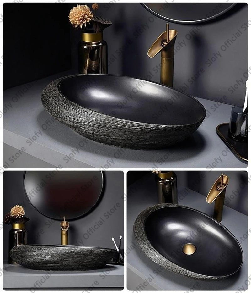 Retro Art Ceramic Countertop Basin – Black Single Bowl Luxury Sink