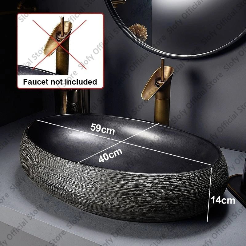 Retro Art Ceramic Countertop Basin – Black Single Bowl Luxury Sink