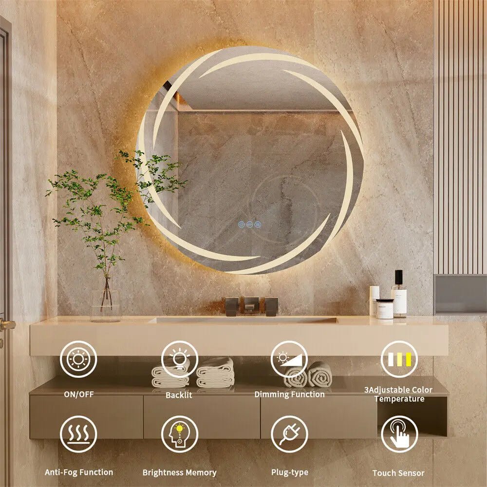 LED Round Bathroom Mirror – Whirlwind Pattern, Dimmable, Anti-Fog (60/80cm)