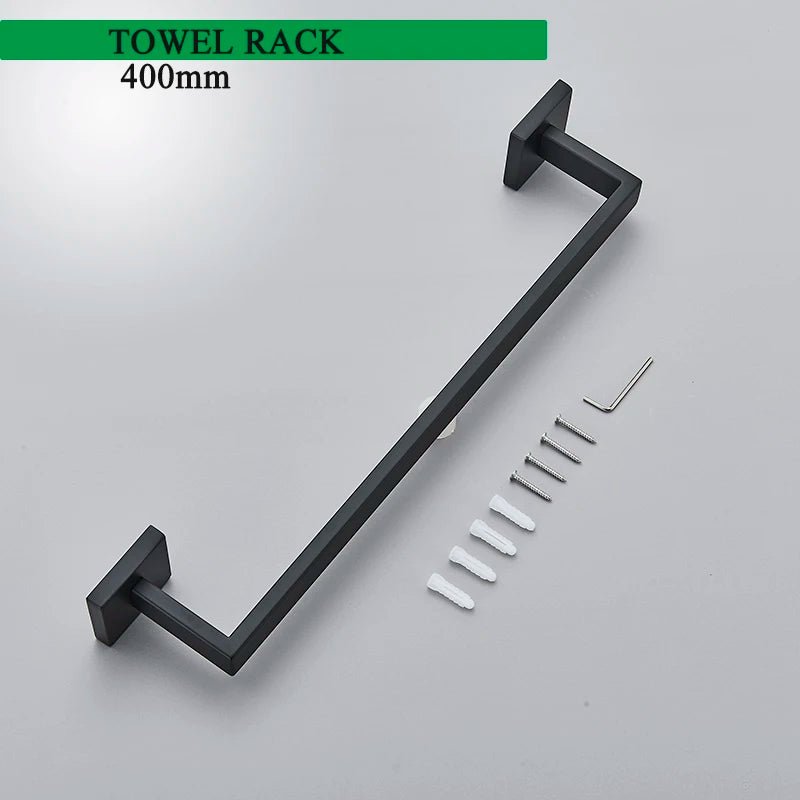 Matte Black Bathroom Accessories Set – Wall Shelf, Towel Rail, Hooks & Toilet Roll Holder