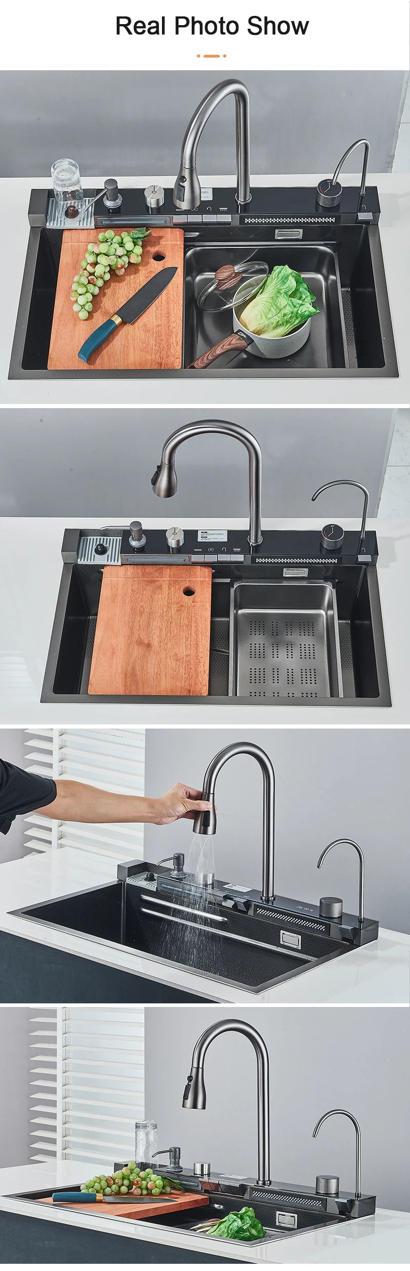 Stainless Steel Kitchen Sink with Faucet – Digital Display & 5-Function Waterfall System