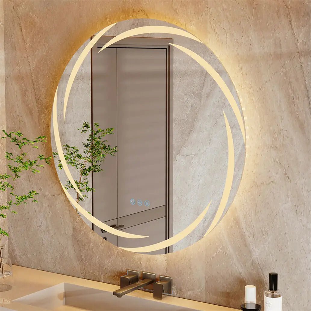 LED Round Bathroom Mirror – Whirlwind Pattern, Dimmable, Anti-Fog (60/80cm)